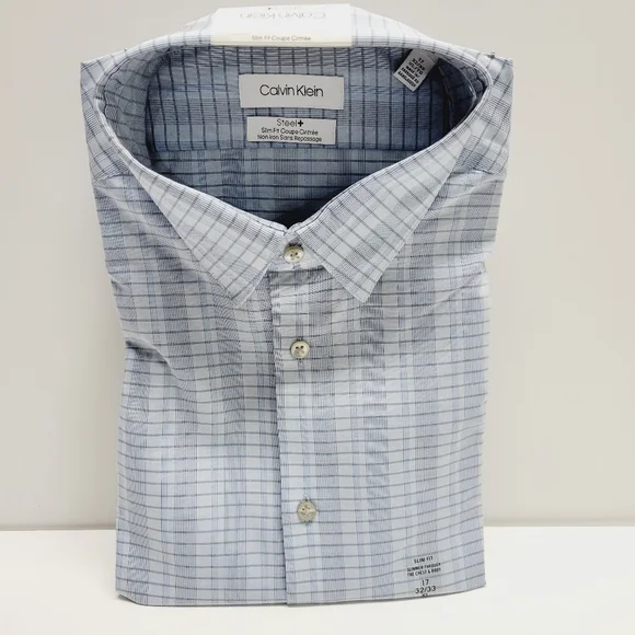Calvin Klein STEEL+ Slim-Fit Non-Iron Stretch Blue Check Dress Shirt 17 32/33 XL - Picture 10 of 14
